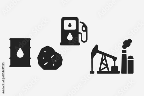 Fossil Fuel Icons Set – Oil Barrel, Gas Pump, Coal, and Oil Rig