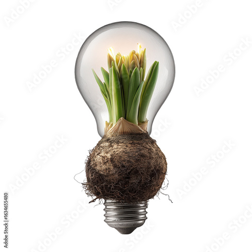 Creative concept of a light bulb containing a sprouting plant, symbolizing eco energy, innovation, and sustainability.
