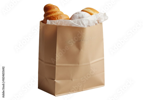 Fresh baked goods in paper bag isolated on a transparent background bread pastry