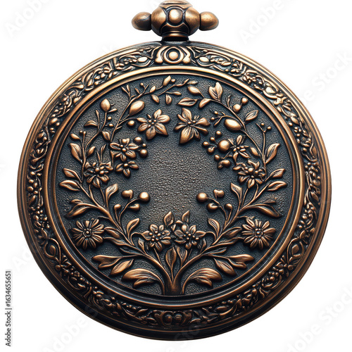 Antique ornate pocket watch case featuring intricate floral and nature motifs with detailed craftsmanship isolated on transparent background