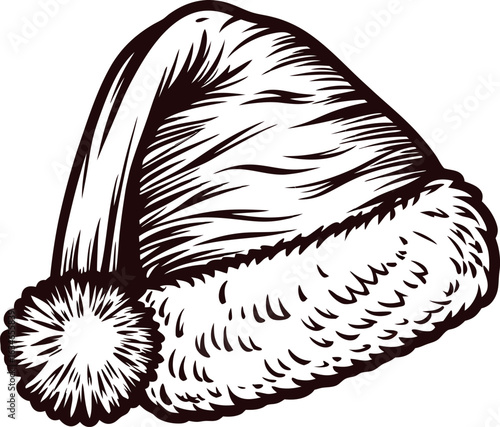 Hand drawn sketch of a santa hat with fluffy trim and pompom in vintage engraving