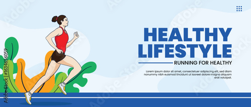 A vibrant and modern vector illustration of a happy young woman jogging outdoors. She is wearing a red top and black shorts, running with a cheerful expression, symbolizing health, fitness.