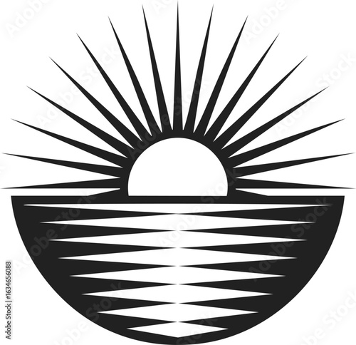 Sun illustration, sunrise graphic, radiant sun, sunrise vector, sunburst design, sun silhouette, art deco sun, retro sun emblem, decorative sun