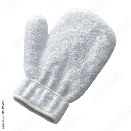 A plush white bath mitt made for gentle body scrubbing and exfoliation during showers or spa treatments.
