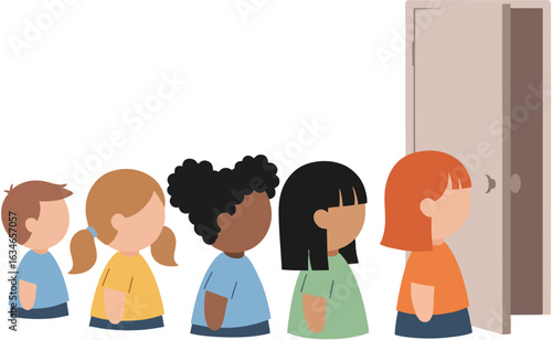 A diverse group of young children patiently waiting in a line to enter an open door.