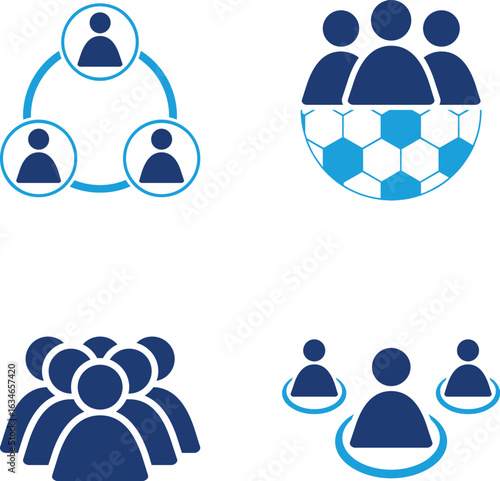 Abstract Blue Icons: Networking, Teamwork, Global Community, and Social Connection.