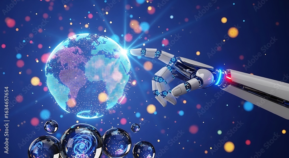 Naklejka premium Robotic hand touching earth globe representing artificial intelligence
