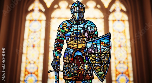 Magnificent Stained Glass Art Depicting A Medieval Knight In Full Armor, Meticulously Detailed With Vivid Scenes Of Battles And Royalty, Standing Against A Blurred Church Window, Symbolizing Honor.