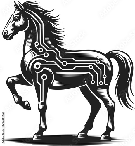 Trojan horse virus, technological steed, digital equine, circuit pattern design, modern art silhouette