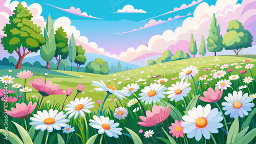 very beautiful Meadow with lots of white and pink spring daisy flowers