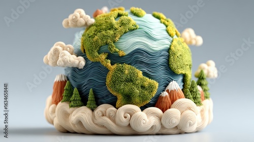 A whimsical clay Earth sculpture rests on swirling clouds.
