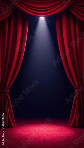 Crimson velvet stage curtains, single spotlight illuminates center , illustration, fabric, show