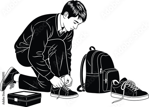 A stylized illustration presents a young man kneeling to tie his shoelaces, with a backpack and shoebox nearby, rendered in a clean, black and white vector graphic style.