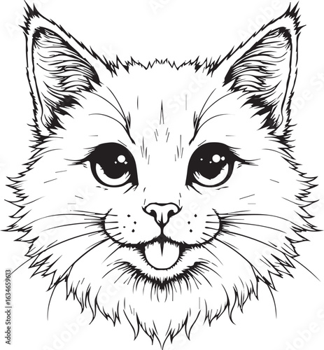 Whiskered Wonder: A captivating monochrome illustration of a cat's expressive face, exuding playful charm with its upturned mouth and adorable, wide eyes. 