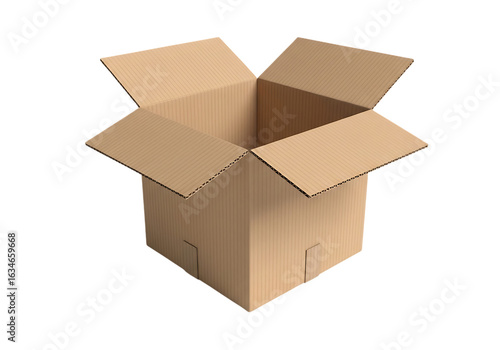 Open brown cardboard shipping container isolated on a transparent background corrugated