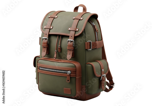 Olive green backpack with brown leather accents isolated on a transparent background image