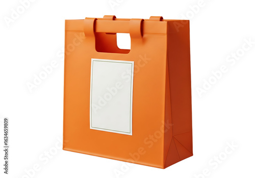 Orange paper gift bag with white label and handles isolated on a transparent background image