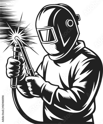 Welder engraved vector illustration of a skilled craftsman holding welding torch