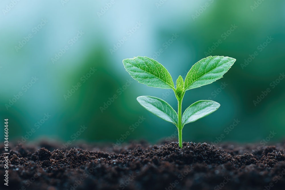 Fototapeta premium Delicate green seedling emerging from rich soil, symbolizing gro