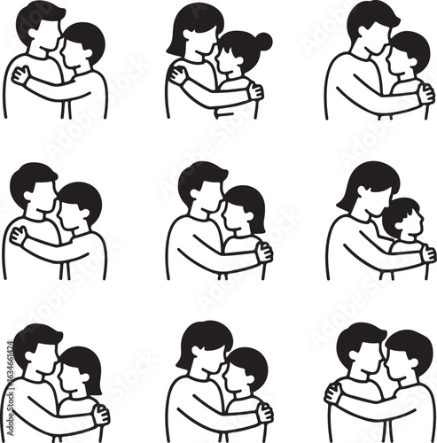 A collection of line art icons showing parents and children hugging, depicting family love, care, and parenthood