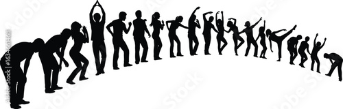 Human silhouette poses, dynamic movement sequence, dance routine illustration, stretching exercise figures, black vector people, physical activity gestures, fitness art
