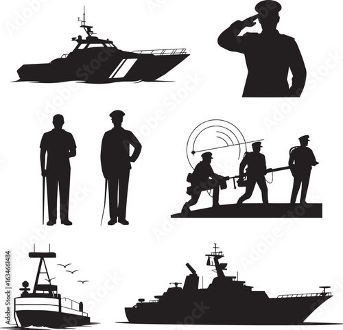 Maritime Silhouette Collection Featuring Coast Guard, Naval Vessels, and Seafaring Personnel
