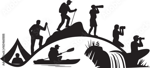 Outdoor Adventure Vector Graphics Depicting Exploration, Hiking, and Nature Photography Pursuits