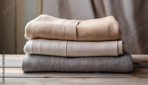 a stack of folded textured natural fabrics in shades of beige and grey on a light wooden surface evoking softness comfort and organic simplicity