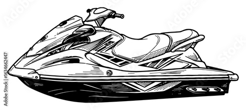 Contemporary Jet Ski Watercraft Vehicle Side View Detailed Black and White Outline Line Art Drawing