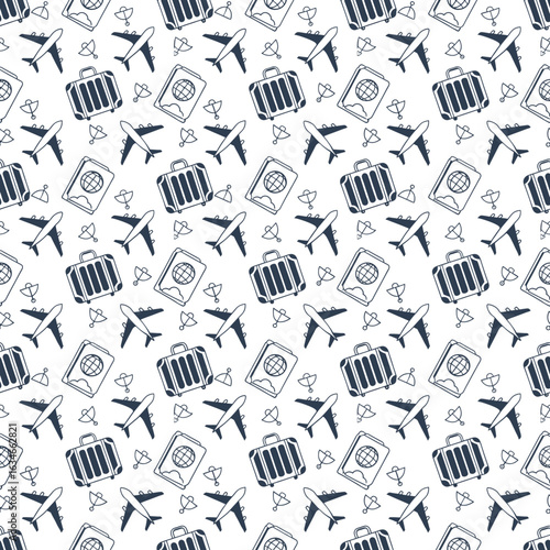 Explore the world with travel icons: planes, passports, luggage Seamless Vector pattern