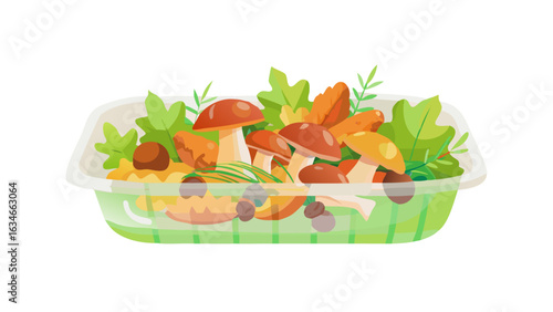 Fresh forest mushrooms and greens in a clear container