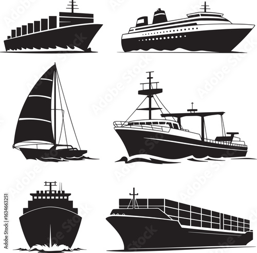 Silhouette Icons of Various Watercrafts Ships Boats Vessels Maritime Transport Nautical Theme