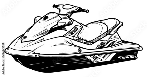 A Solo Jet Ski Personal Watercraft Black and White Outline Line Art Drawing for Water Sports and Leisure Activity