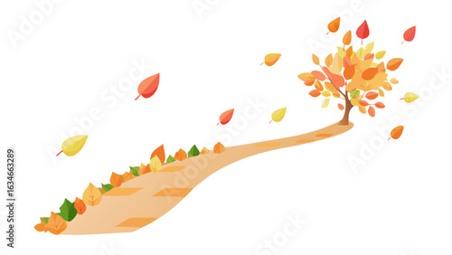 Autumn scene with a tree and falling leaves on a path