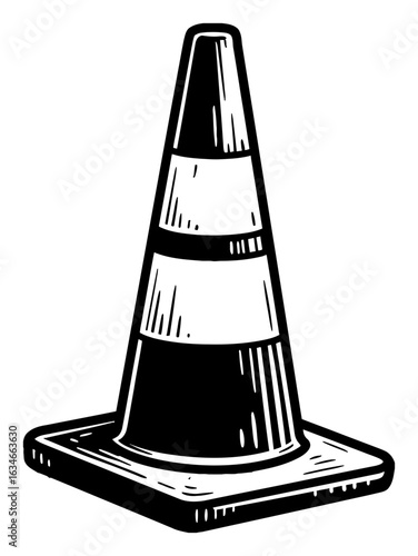 Road Traffic Safety Cone Black and White Outline Line Art Drawing with Striped Design
