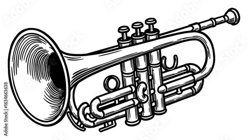 Trumpet Musical Instrument Black and White Outline Line Art Drawing Classic Engraving Style Detailed Brass Instrument