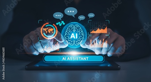 Artificial Intelligence Assistant Concept on Tablet Display with Data Visualization and Chat Bubbles for Modern Technology Solutions