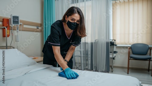 A female hospital worker in a face mask and gloves cleans and disinfects a bed in a patient room.