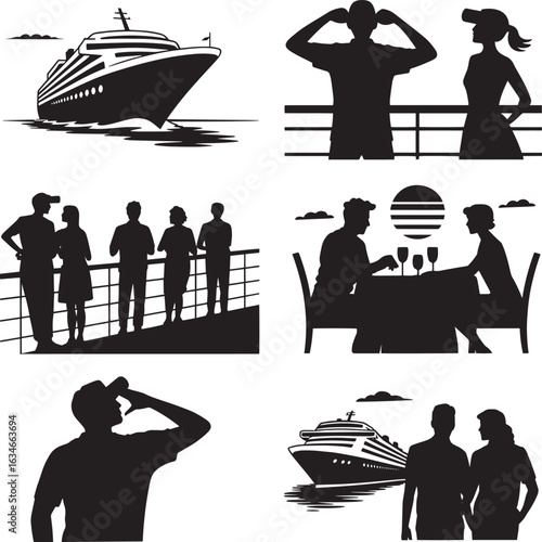 Silhouette People Enjoying Cruise Ship Vacation Activities on Transparent Background for Travel and Leisure
