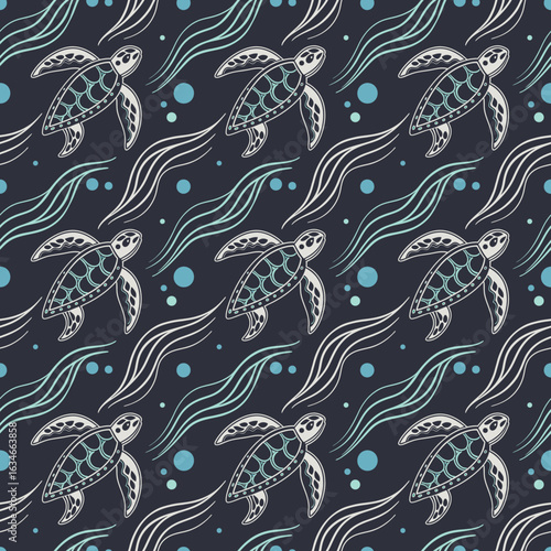 Seamless pattern of stylized sea turtles swimming in ocean waves Seamless Vector pattern