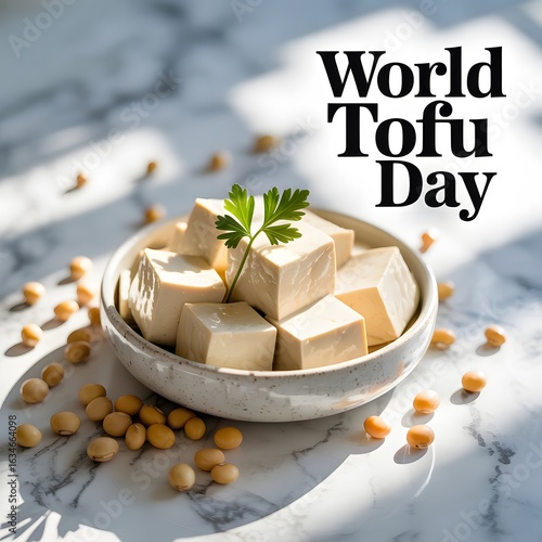 A bright overhead food photography style graphic celebrating World Tofu Day, featuring a white bowl filled with cubed tofu and fresh parsley.