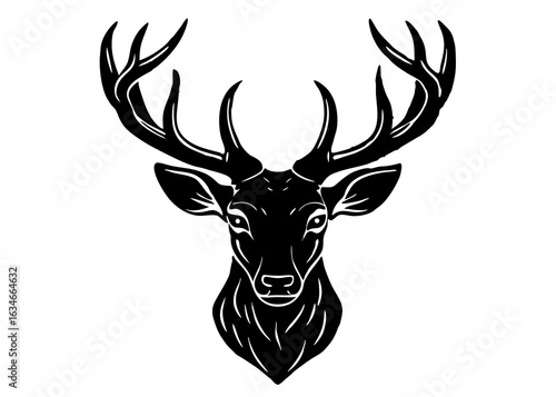 Majestic black silhouette of a deer head with elaborate antlers against a stark white background evoking nature and wildlife