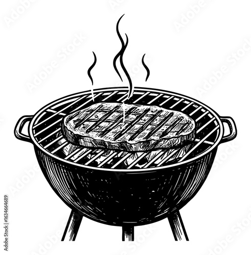 Hot Grilled Steak with Rising Steam on Grill Black and White Outline Line Art Drawing Vintage Style