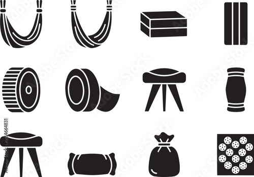 Vector art of set of yoga and meditation accessories including blocks, bolsters, and hammocks, isolated on white background