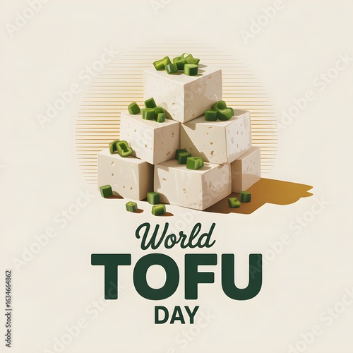A bright overhead food photography style graphic celebrating World Tofu Day, featuring a white bowl filled with cubed tofu and fresh parsley.