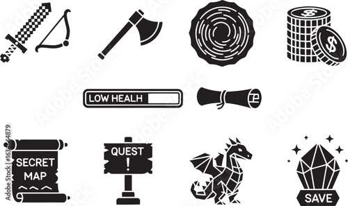 Vector art of collection of video game icons featuring weapons, items, and fantasy elements, isolated on white background