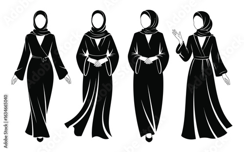 Elegant Muslim women showcasing modern modest fashion styles with flowing abayas and hijabs