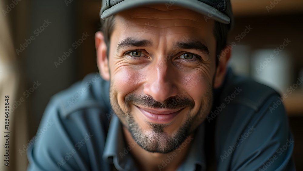 Obraz premium Authentic smile of a man in a cap, radiating positive vibes and genuine happiness perfect for lifestyle or business content, creating a feeling of trust and warmth