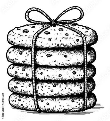 Delicious Stacked Cookies Tied with a Ribbon Bow Isolated in Vintage Black and White Outline Line Art Drawing