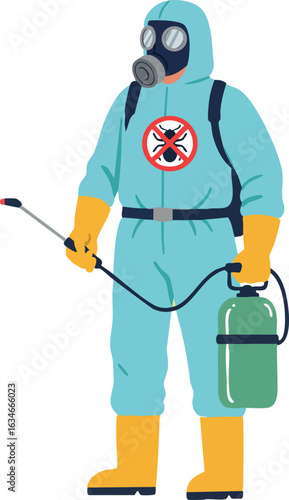Person in protective suit spraying disinfectant for pest control and sanitation safety vector illustration 